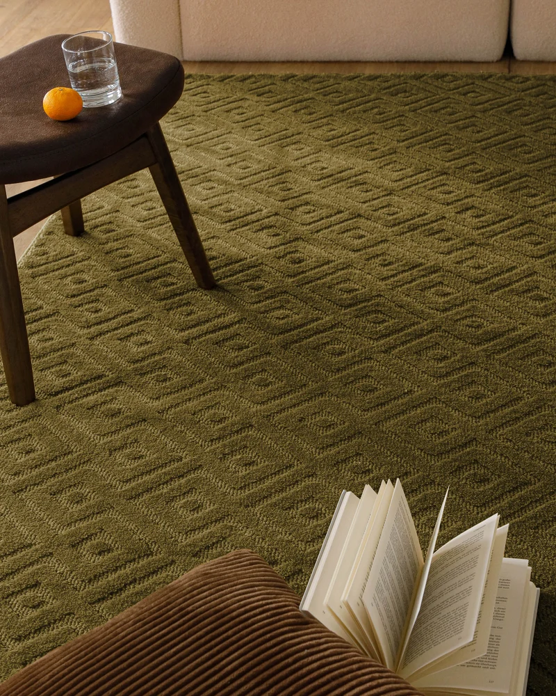 Kurzflor Teppich aus Schurwolle Oliv Grün "Castello TWO" WECONhome