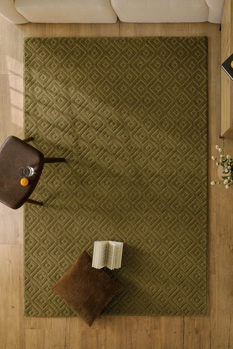 Kurzflor Teppich aus Schurwolle Oliv Grün "Castello TWO" WECONhome