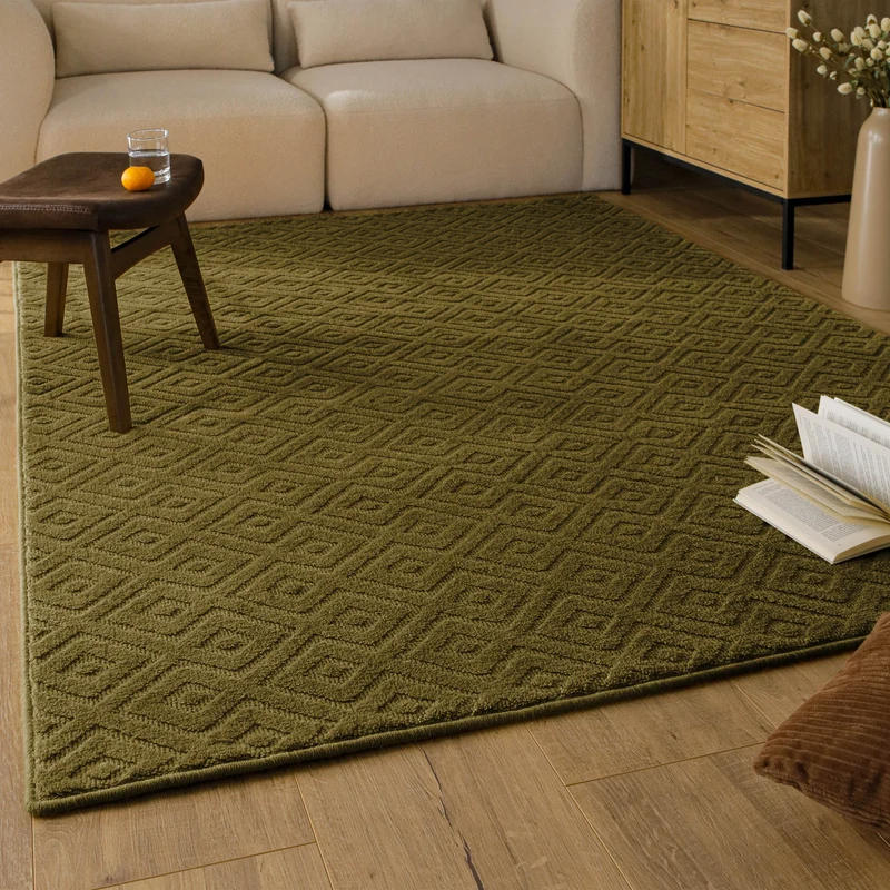 Kurzflor Teppich aus Schurwolle Oliv Grün "Castello TWO" WECONhome