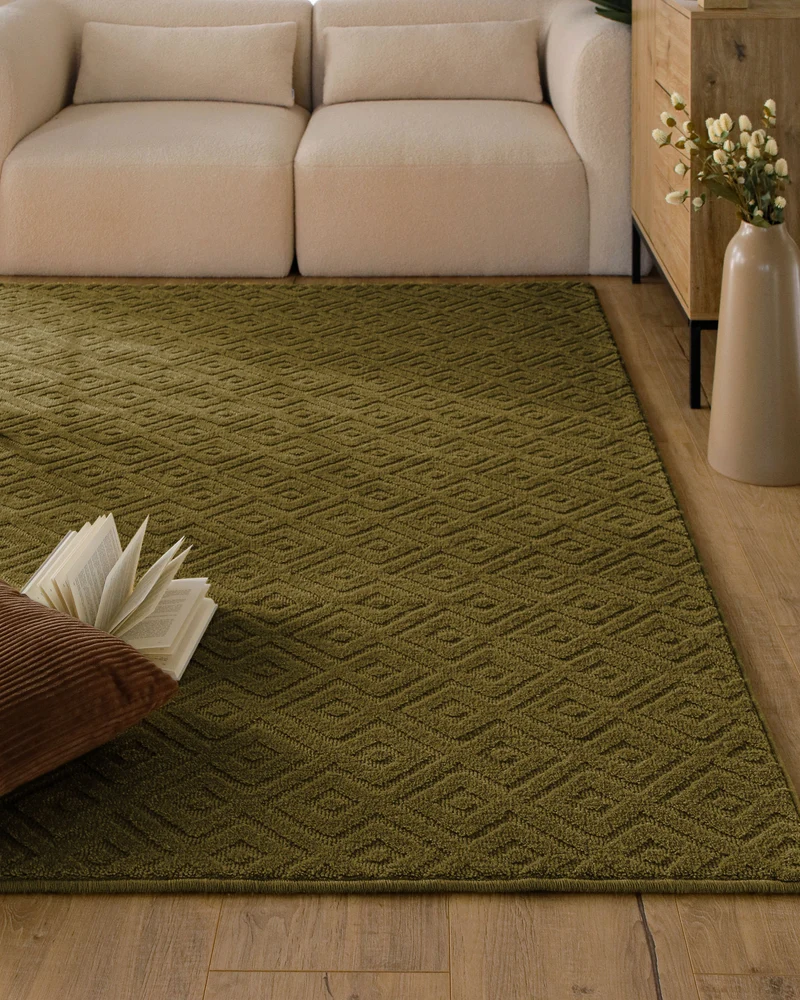 Kurzflor Teppich aus Schurwolle Oliv Grün "Castello TWO" WECONhome