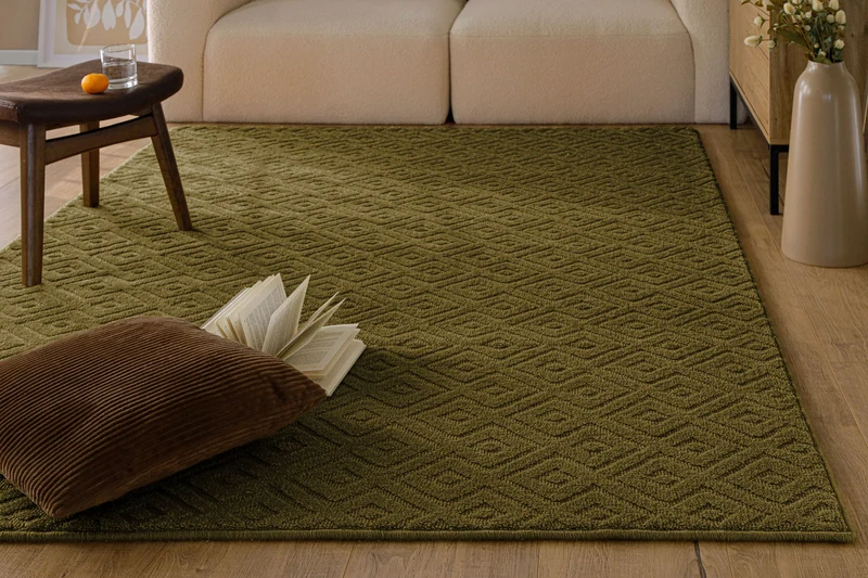 Kurzflor Teppich aus Schurwolle Oliv Grün "Castello TWO" WECONhome