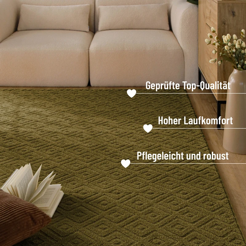 Kurzflor Teppich aus Schurwolle Oliv Grün "Castello TWO" WECONhome