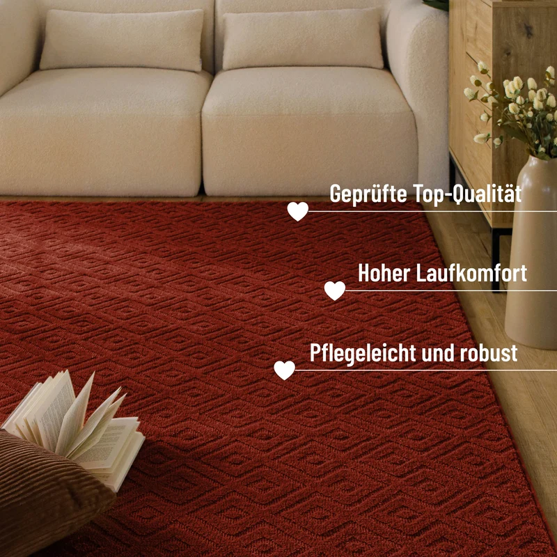 Kurzflor Teppich aus Schurwolle Purpur Rot "Castello TWO" WECONhome