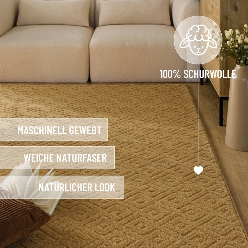 Kurzflor Teppich aus Schurwolle Karamell "Castello TWO" WECONhome