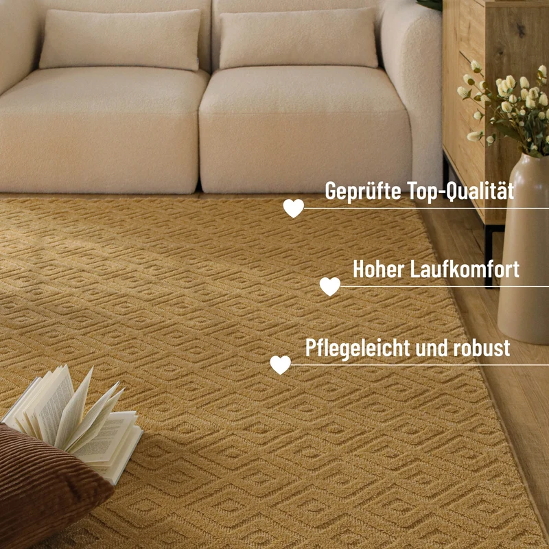 Kurzflor Teppich aus Schurwolle Karamell "Castello TWO" WECONhome