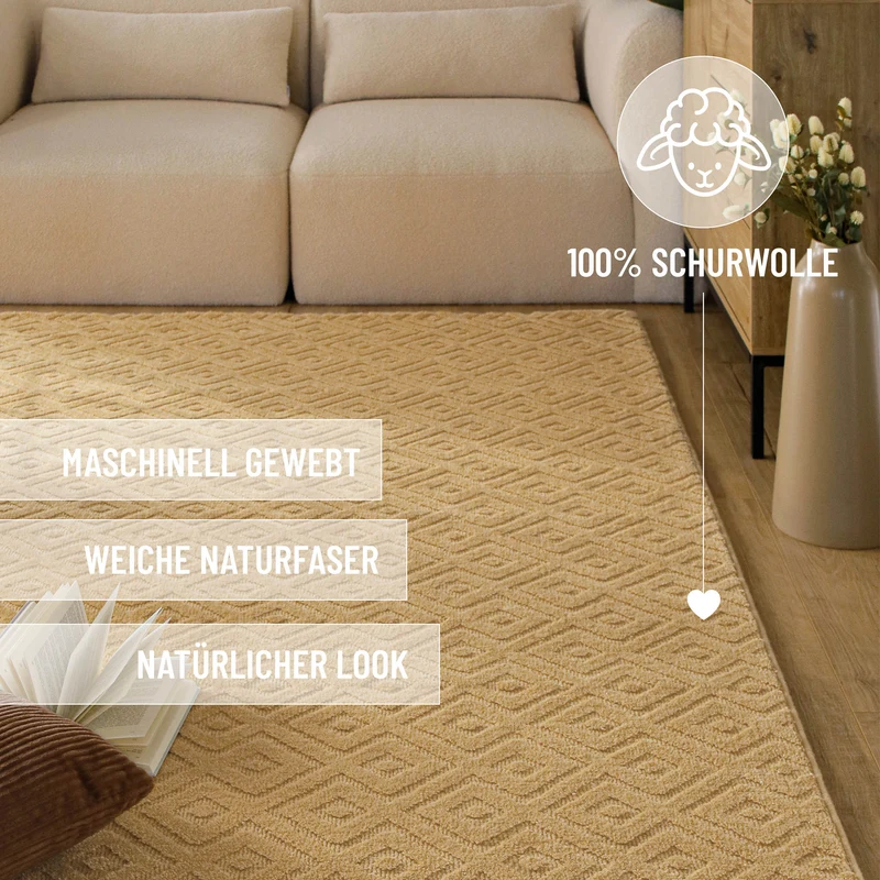 Kurzflor Teppich aus Schurwolle Sand Beige "Castello TWO" WECONhome