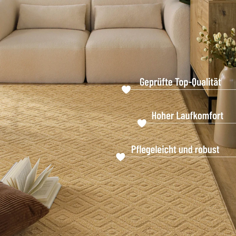 Kurzflor Teppich aus Schurwolle Sand Beige "Castello TWO" WECONhome
