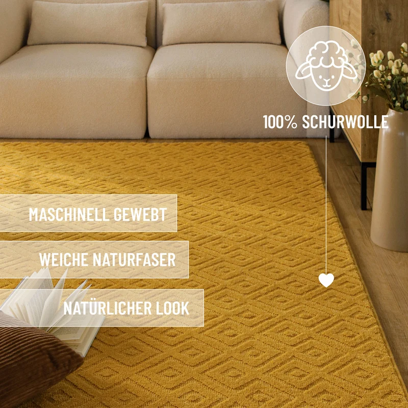 Kurzflor Teppich aus Schurwolle Gelb "Castello TWO" WECONhome