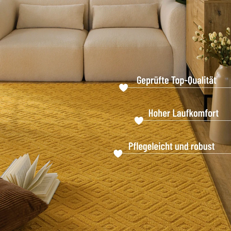 Kurzflor Teppich aus Schurwolle Gelb "Castello TWO" WECONhome