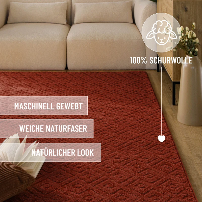 Kurzflor Teppich aus Schurwolle Kamin Rot "Castello TWO" WECONhome