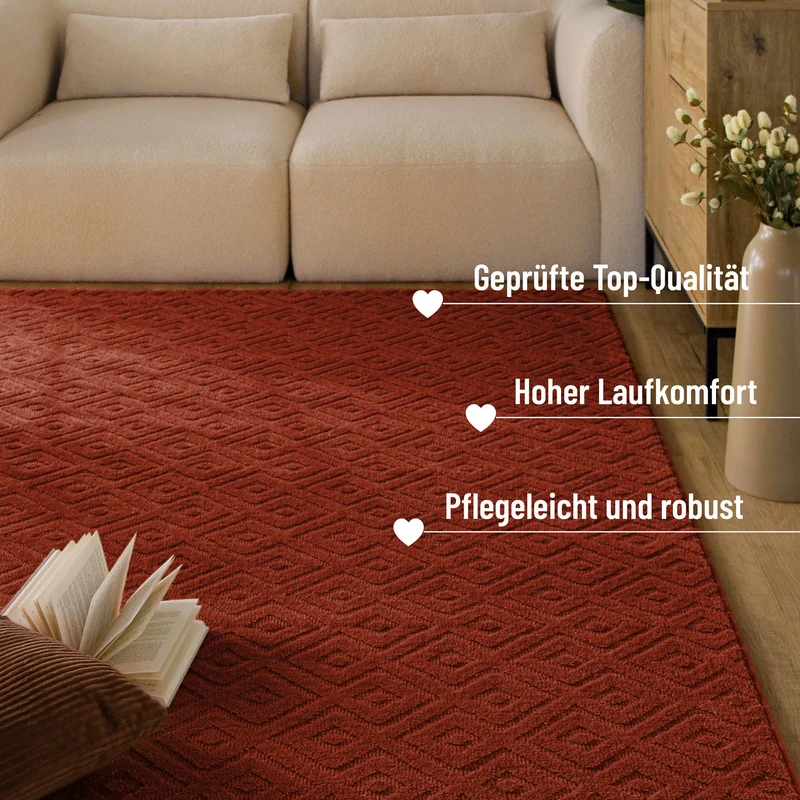 Kurzflor Teppich aus Schurwolle Kamin Rot "Castello TWO" WECONhome