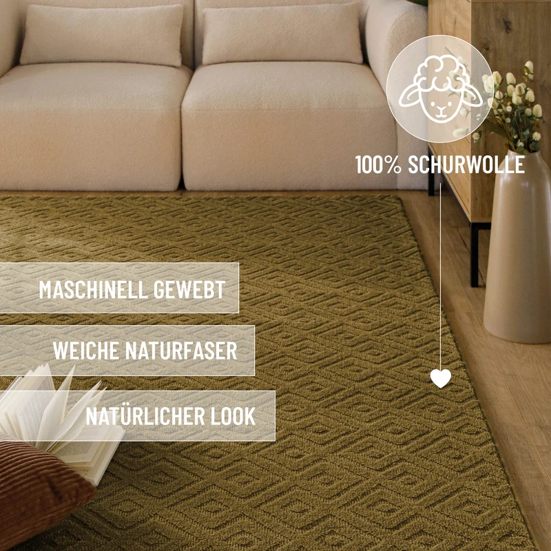 Kurzflor Teppich aus Schurwolle Blass Grün "Castello TWO" WECONhome