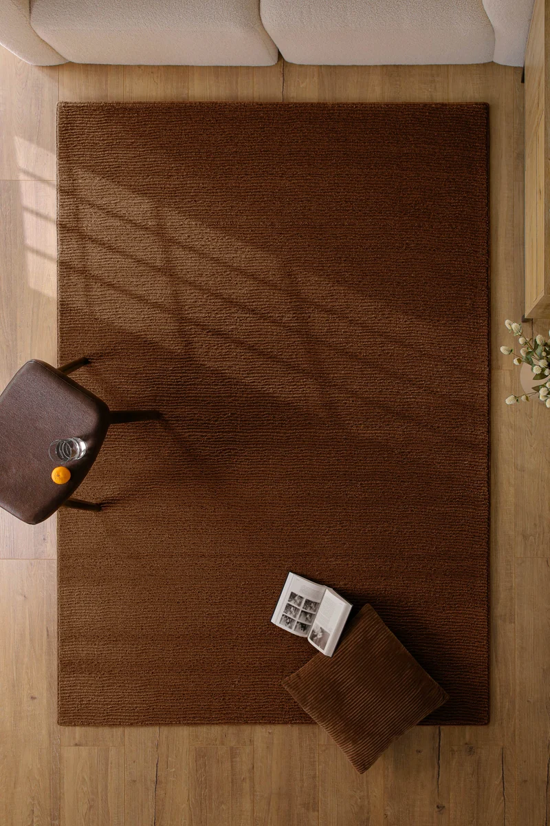 Kurzflor Teppich aus Schurwolle Braun "Castello ONE" WECONhome