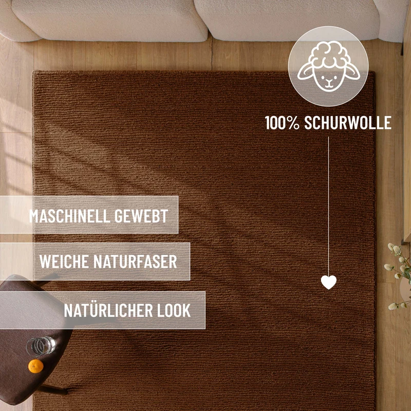Kurzflor Teppich aus Schurwolle Braun "Castello ONE" WECONhome