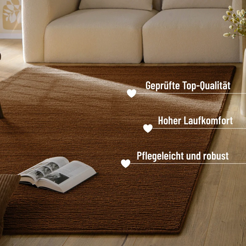 Kurzflor Teppich aus Schurwolle Braun "Castello ONE" WECONhome