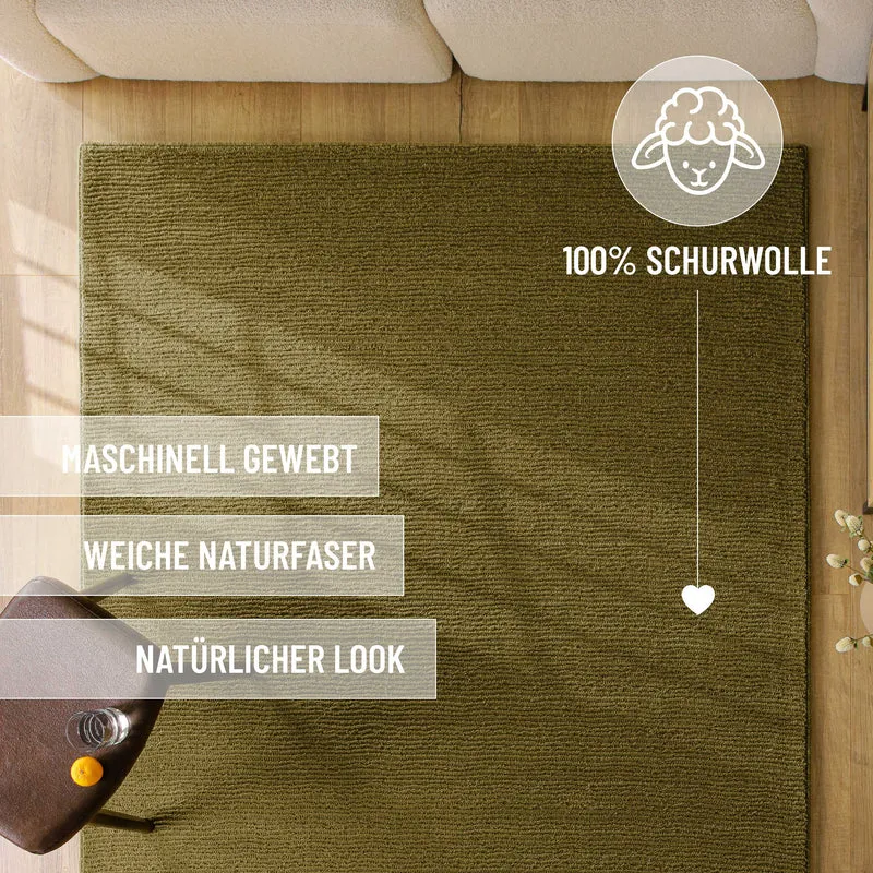 Kurzflor Teppich aus Schurwolle Oliv Grün "Castello ONE" WECONhome