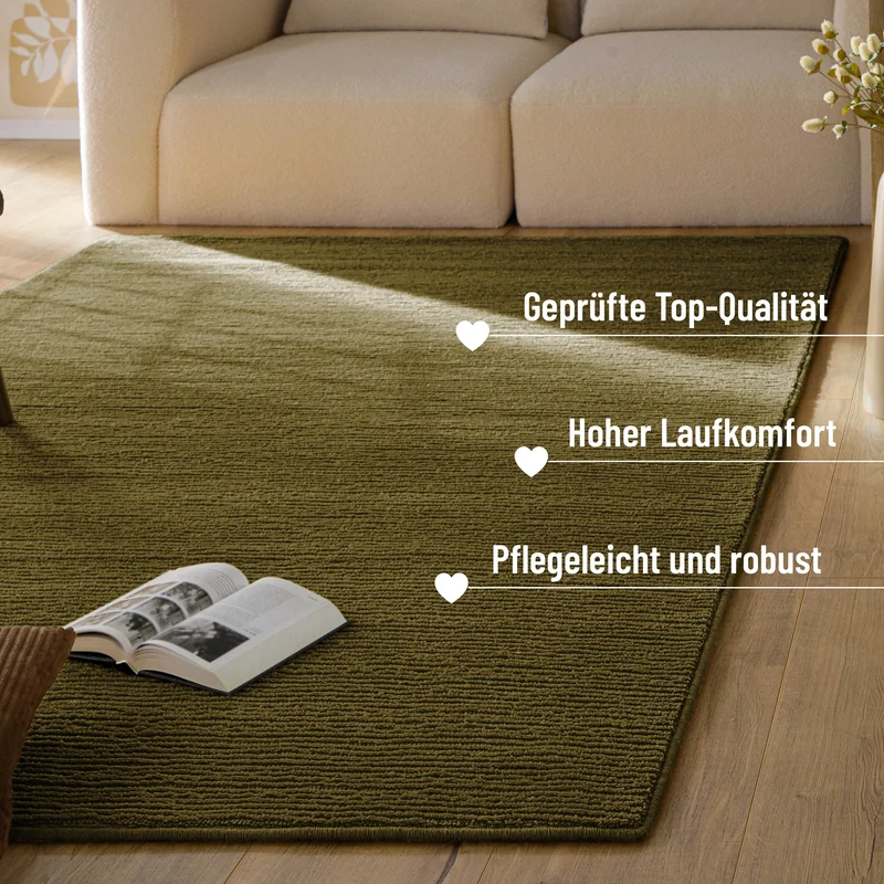 Kurzflor Teppich aus Schurwolle Oliv Grün "Castello ONE" WECONhome