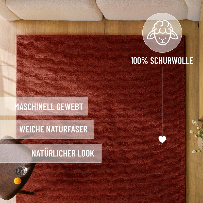 Kurzflor Teppich aus Schurwolle Purpur Rot "Castello ONE" WECONhome