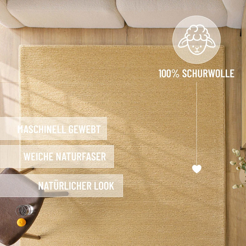 Kurzflor Teppich aus Schurwolle Sand Beige "Castello ONE" WECONhome