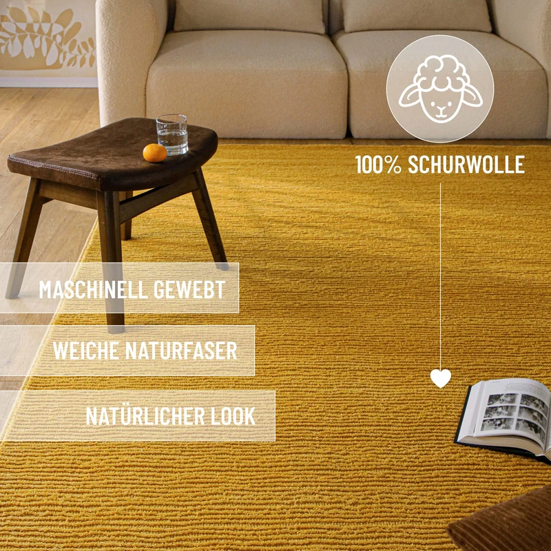 Kurzflor Teppich aus Schurwolle Gelb "Castello ONE" WECONhome