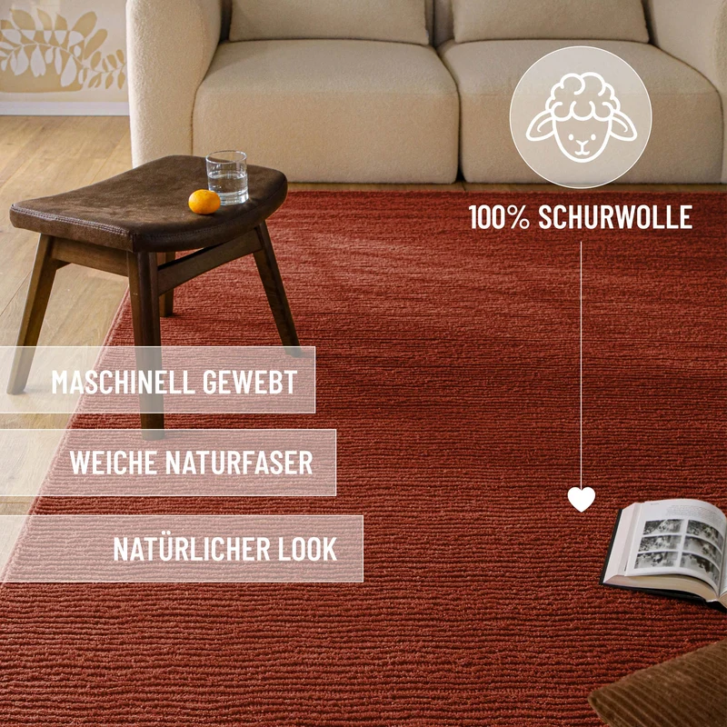 Kurzflor Teppich aus Schurwolle Kamin Rot "Castello ONE" WECONhome