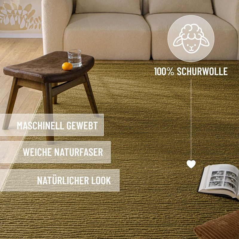 Kurzflor Teppich aus Schurwolle Blass Grün "Castello ONE" WECONhome
