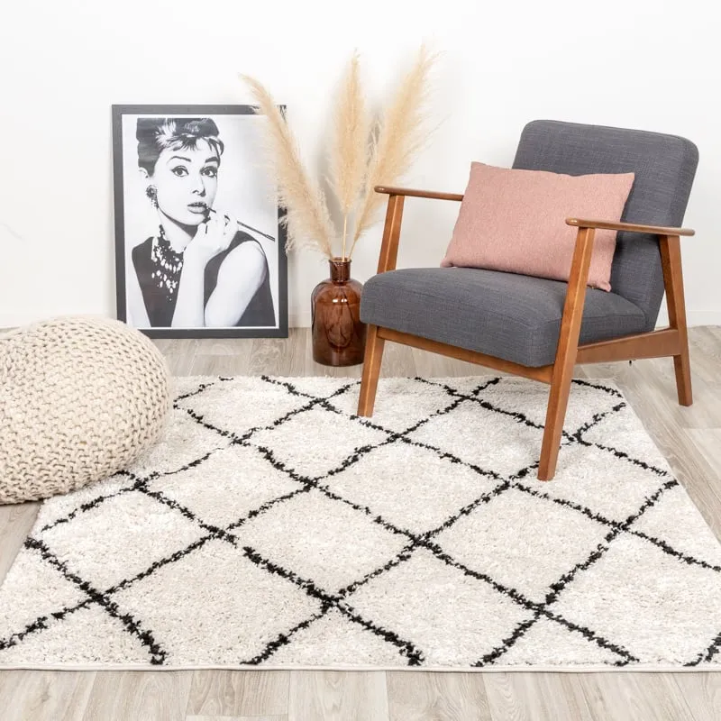 Teppich Hochflor Quadrat - Grand Lines Creme Schwarz
