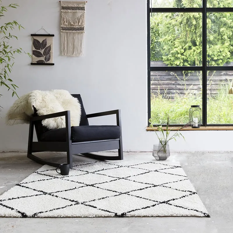 Teppich Hochflor Quadrat - Grand Lines Creme Schwarz