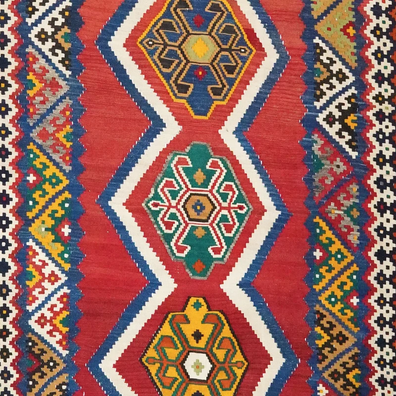 Kelim Gashgai Old · Handgewebt – Rot, 384x134 cm