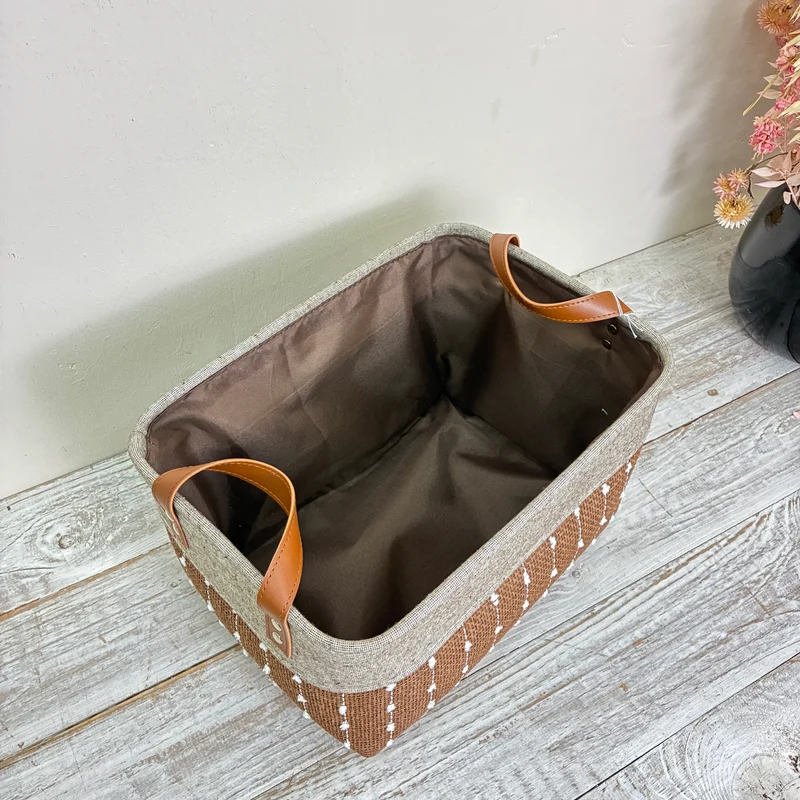 KidsDepot Aufbewahrungskorb Stoffkorb Braun Grau S Ledergriffe Deko