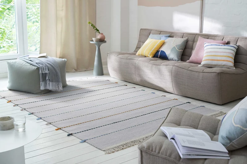 Esprit Handwebteppich Grau Blau Bunt aus Wolle "Lina"