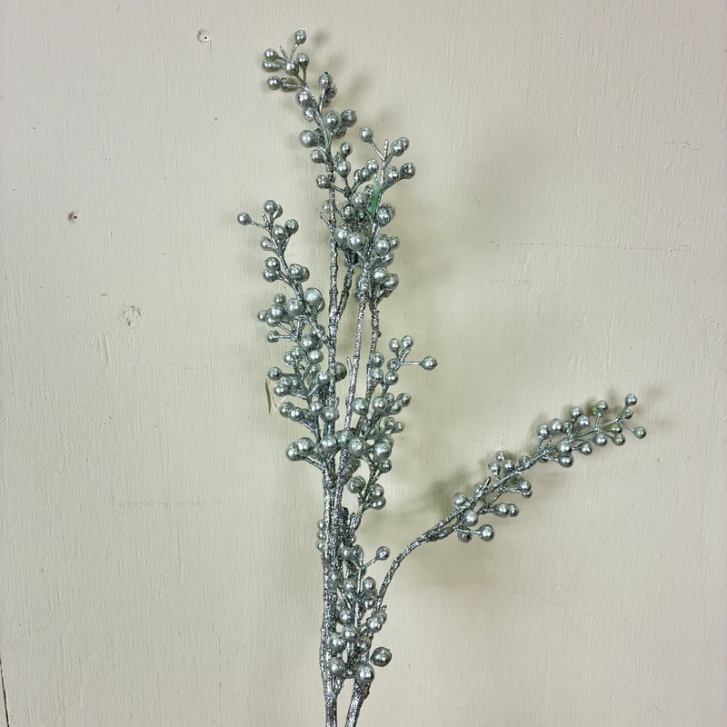Kunstzweig Beeren 70cm Zweig Beerenzweig Silber Glitzer Kunstzweig Deko