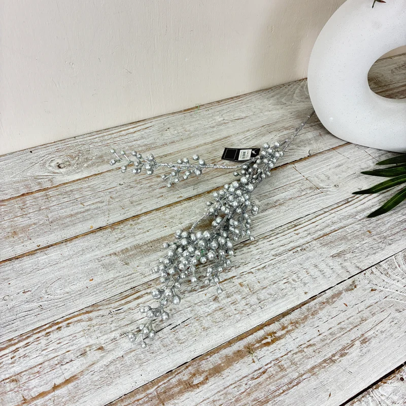 Kunstzweig Beeren 70cm Zweig Beerenzweig Silber Glitzer Kunstzweig Deko