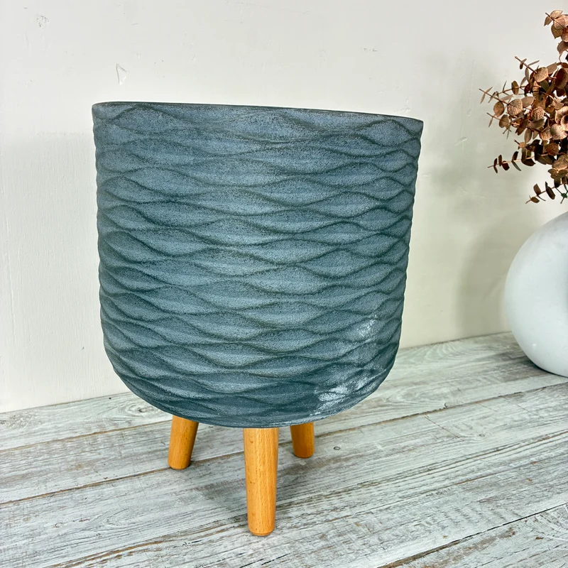 Decoris Blumentopf Groß 38cm Grau Keramik Holz Übertopf Deko