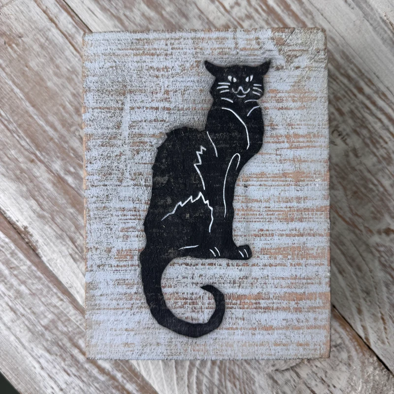 Holzblock 15cm Holz Katze Weiß Schwarz Vintage Shabby Deko