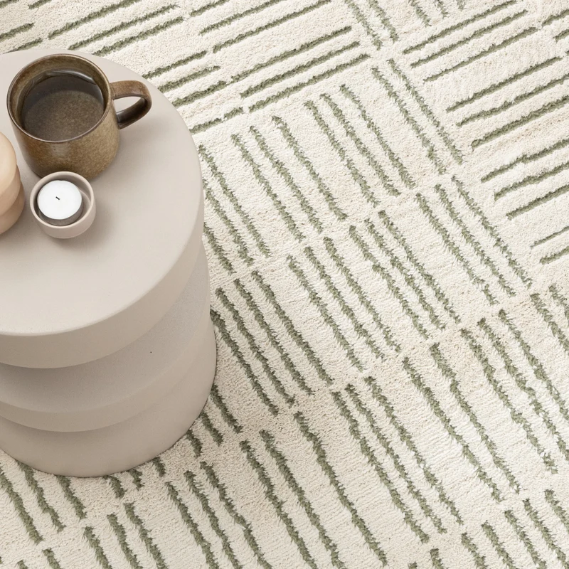 Teppich Wohnzimmer - Yune Lines Creme Grün