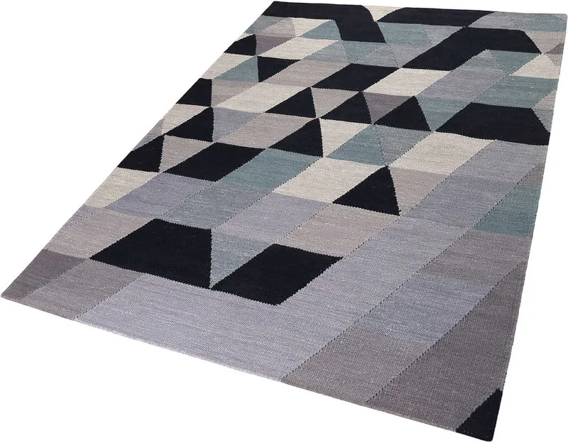 Esprit Kelim Teppich blau grau Kurzflor "Triango"