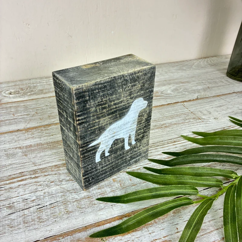 Dekorativer Block 15cm Holz Hund Schwarz Weiß Deko Holzblock