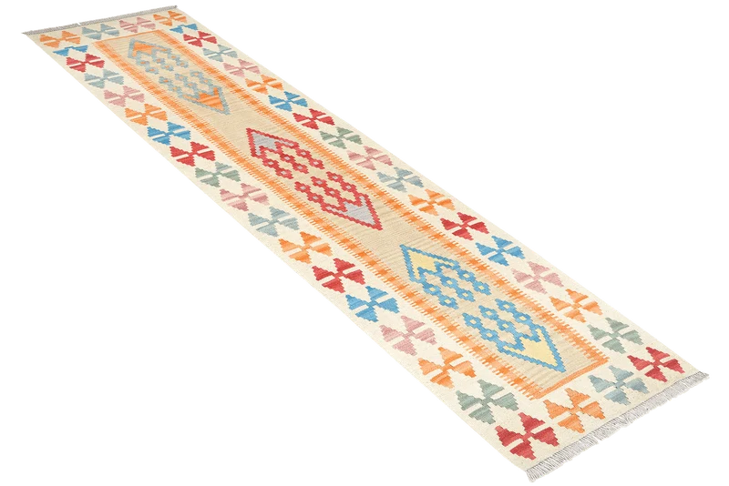 Kelim Gashgai · Handgewebt – Beige, 244x63 cm