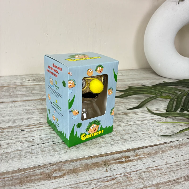 Graskopf Im Glas Gelb 12cm Gesicht Pflanze Pflanz-Set Grasgesicht Deko