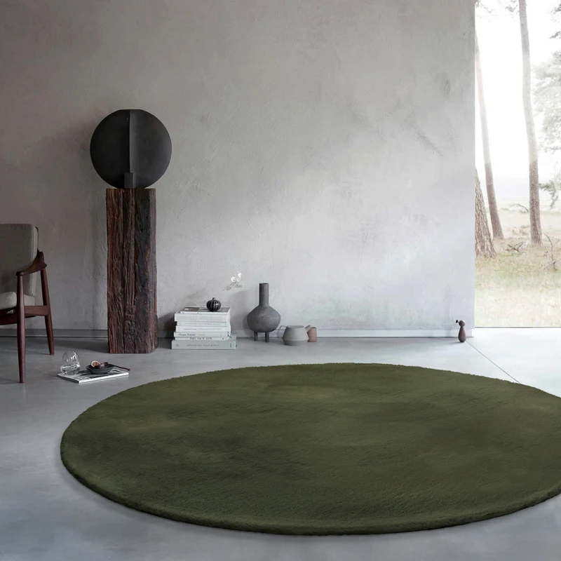 Kunstfell Teppich Rund Olive flauschig und weich "Anna" WECONhome Basics