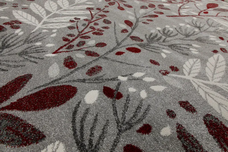 160x230 Teppich Wohnzimmer Zweige Grau Rot