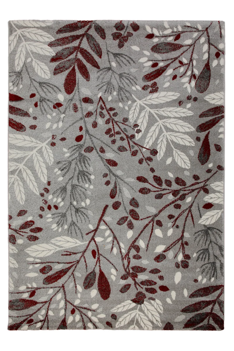 160x230 Teppich Wohnzimmer Zweige Grau Rot