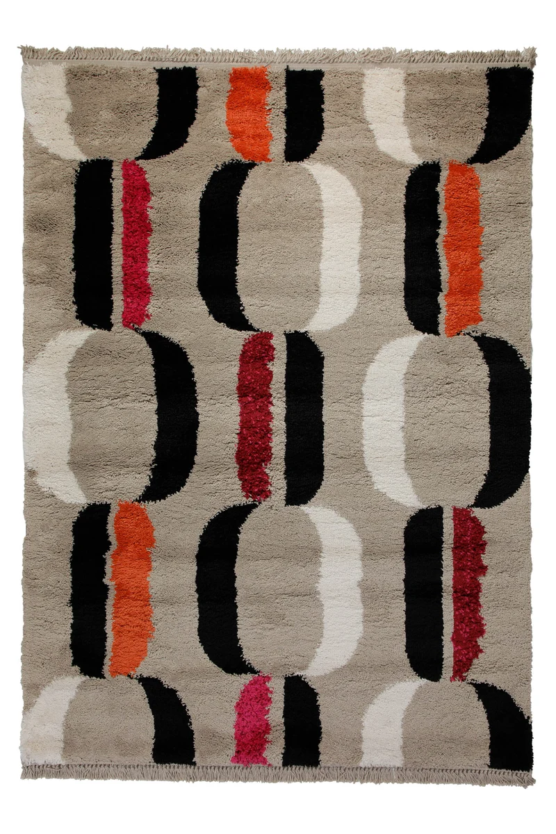Teppich 160x230 Wohnzimmer Beige Schwarz Weiß Rot Muster