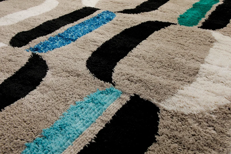 Teppich 160x230 Wohnzimmer Beige Schwarz Weiß Blau Muster