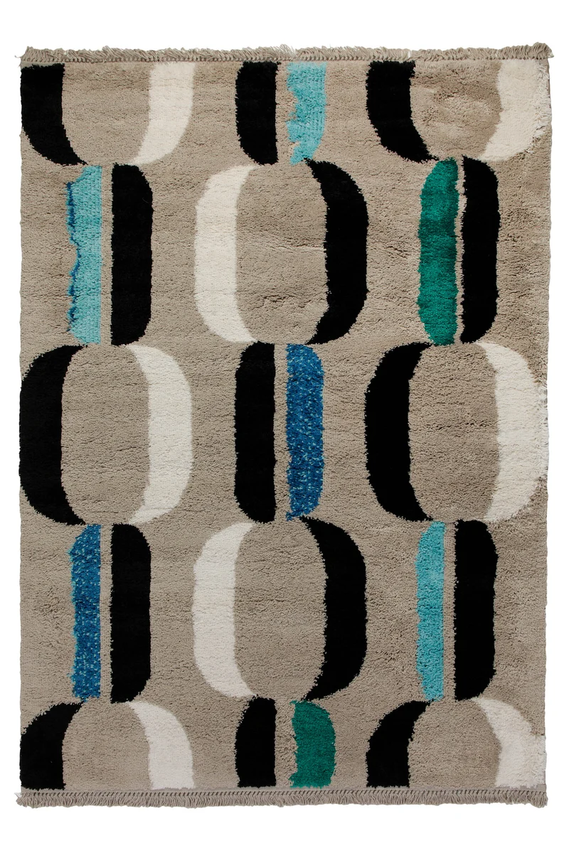 Teppich 160x230 Wohnzimmer Beige Schwarz Weiß Blau Muster