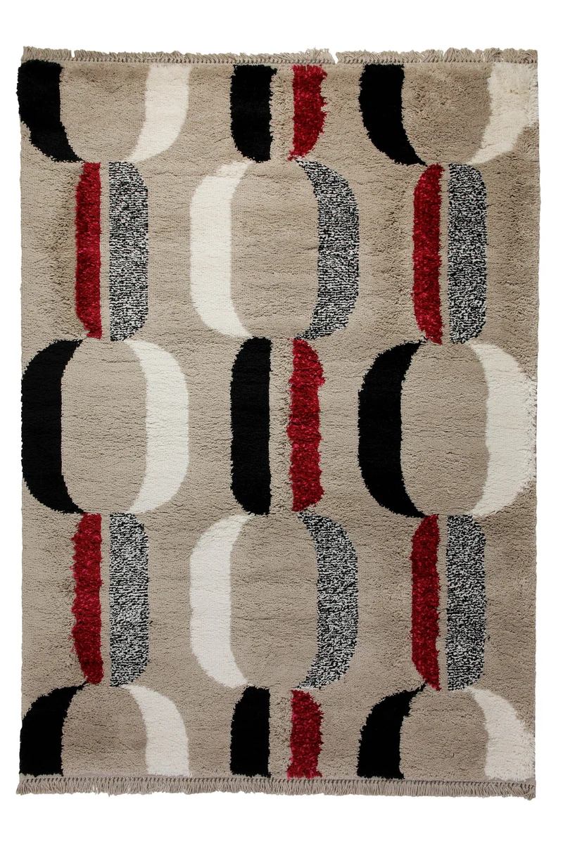 Teppich 160x230 Wohnzimmer Beige Schwarz Weiß Rot Muster