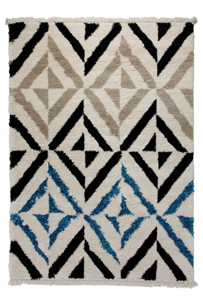 Teppich 160x230 Wohnzimmer Creme Beige Blau Schwarz Muster