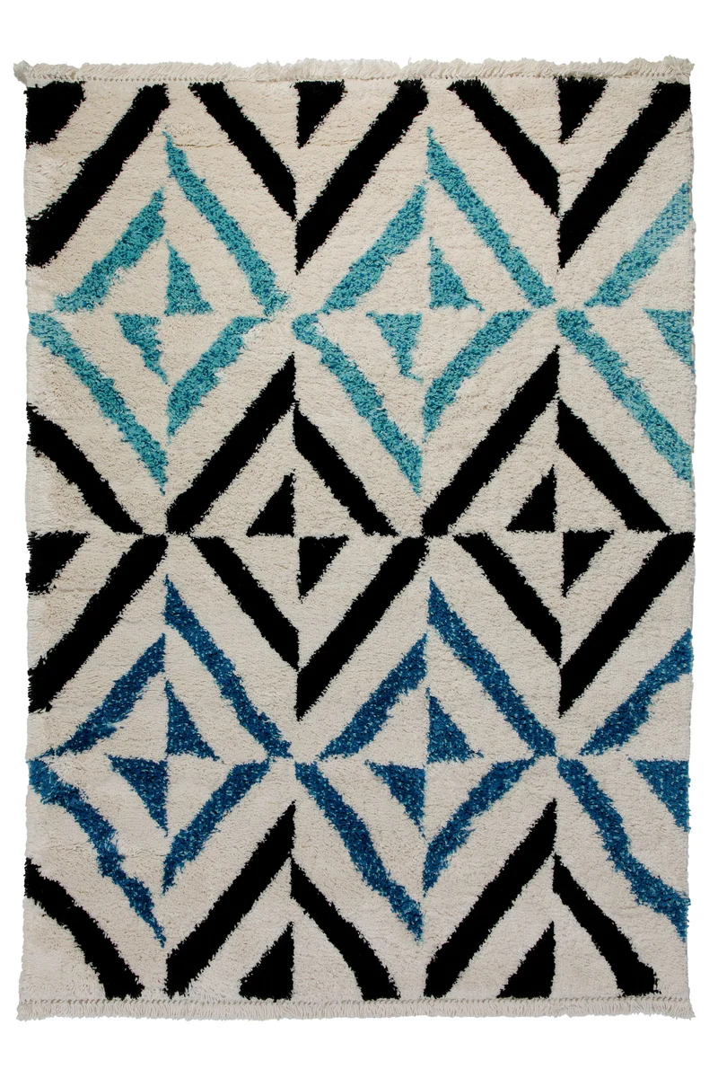 Teppich 160x230 Wohnzimmer Creme Blau Schwarz Muster