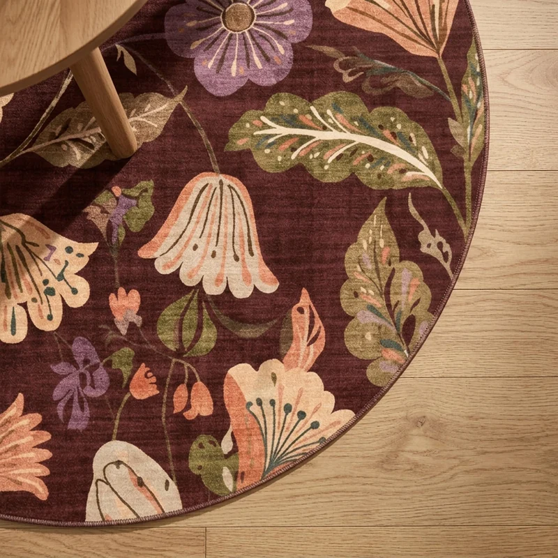 Waschbarer Teppich Rund - Misty Flowers Braun